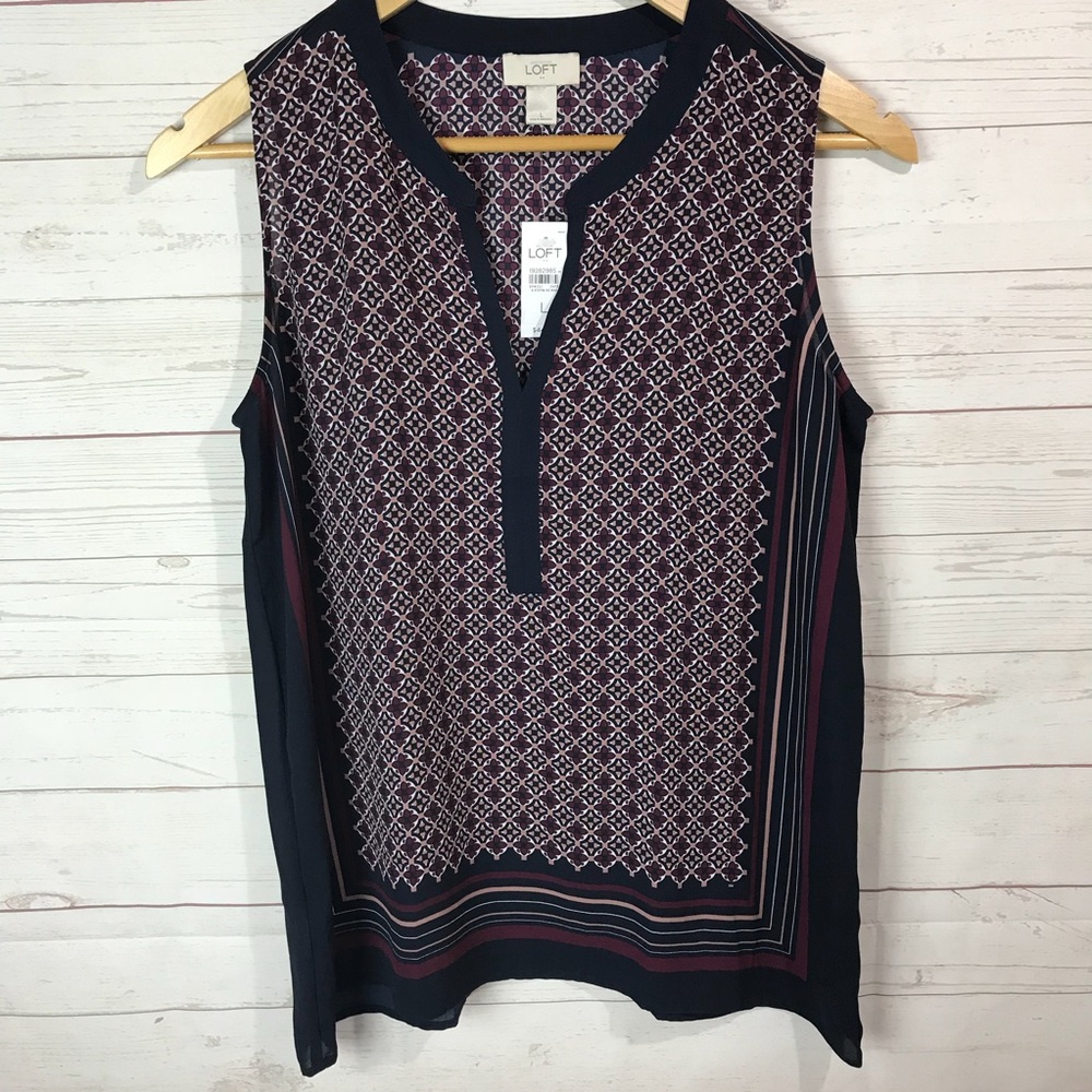 LOFT Navy and Burgundy Printed Sleeveless Tunic